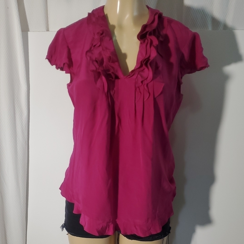 Tahari Women's Fuchsia Short Sleeve 100%Silk Blouse Ruffle Top Size S